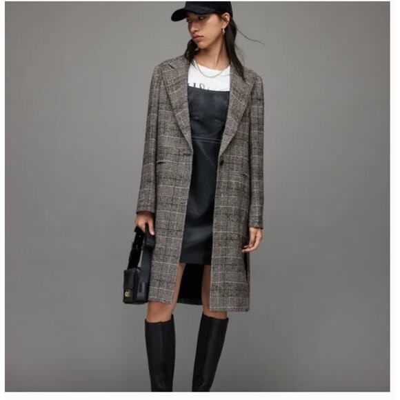 AllSaints Dustie Houndstooth Plaid Coat 4 Black Gray Trench All Saints Jacket 90 - Picture 4 of 9